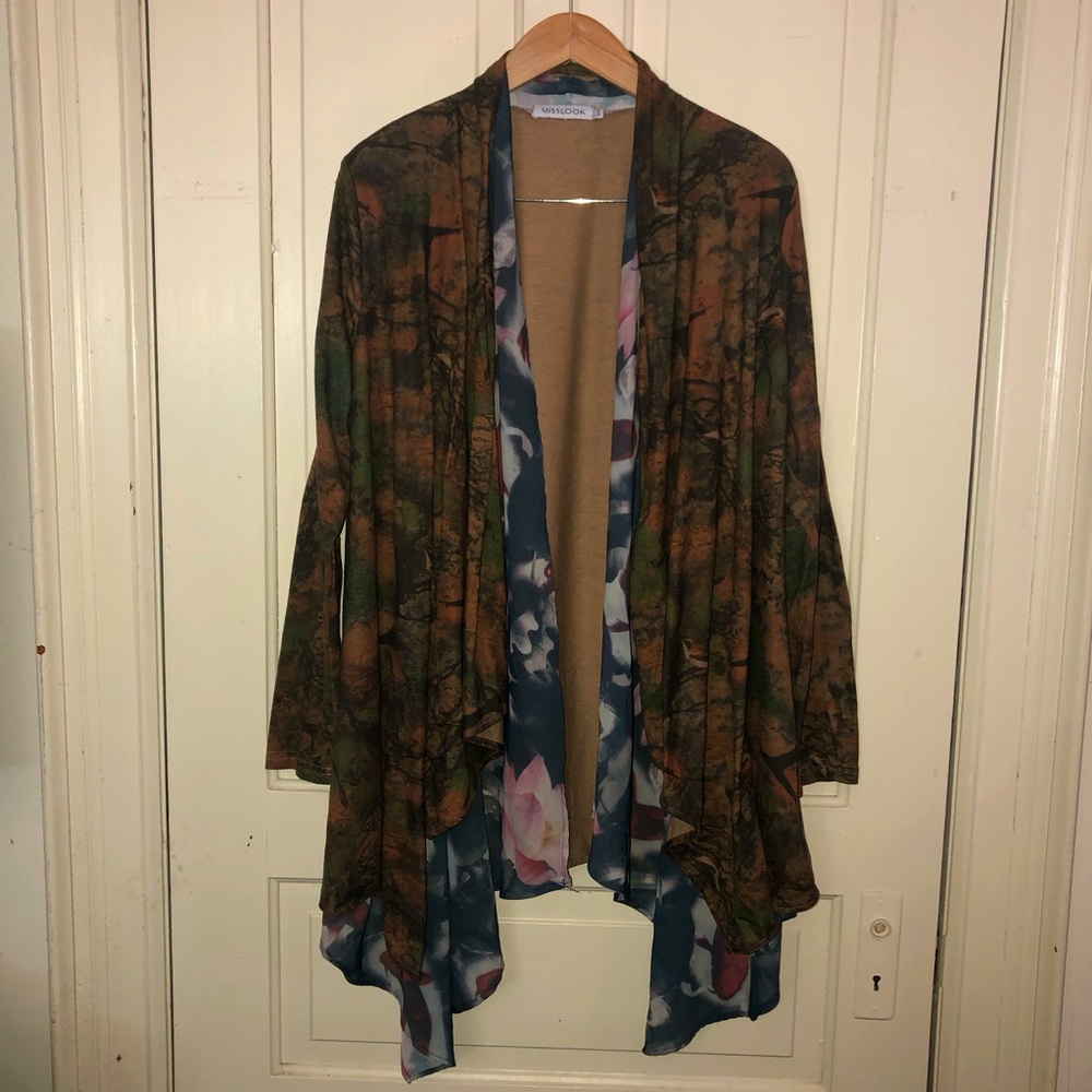 Misslook Open Waterfall Long Sleeve Cardigan Koi Camo Size Large